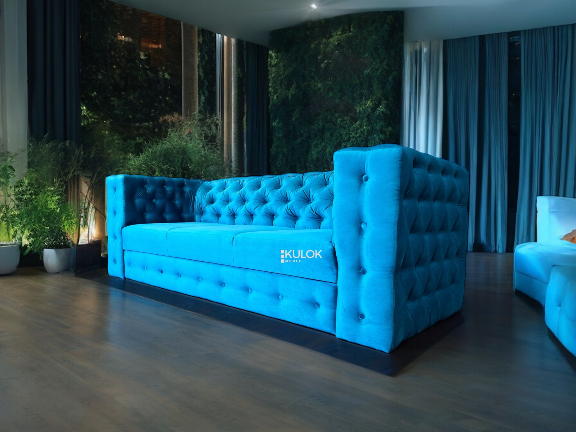 Pikowana kanapa 3-osobowa Manchester w kolorze niebieski turkusowy Mustang Velvet 25513 z funkcją spania.